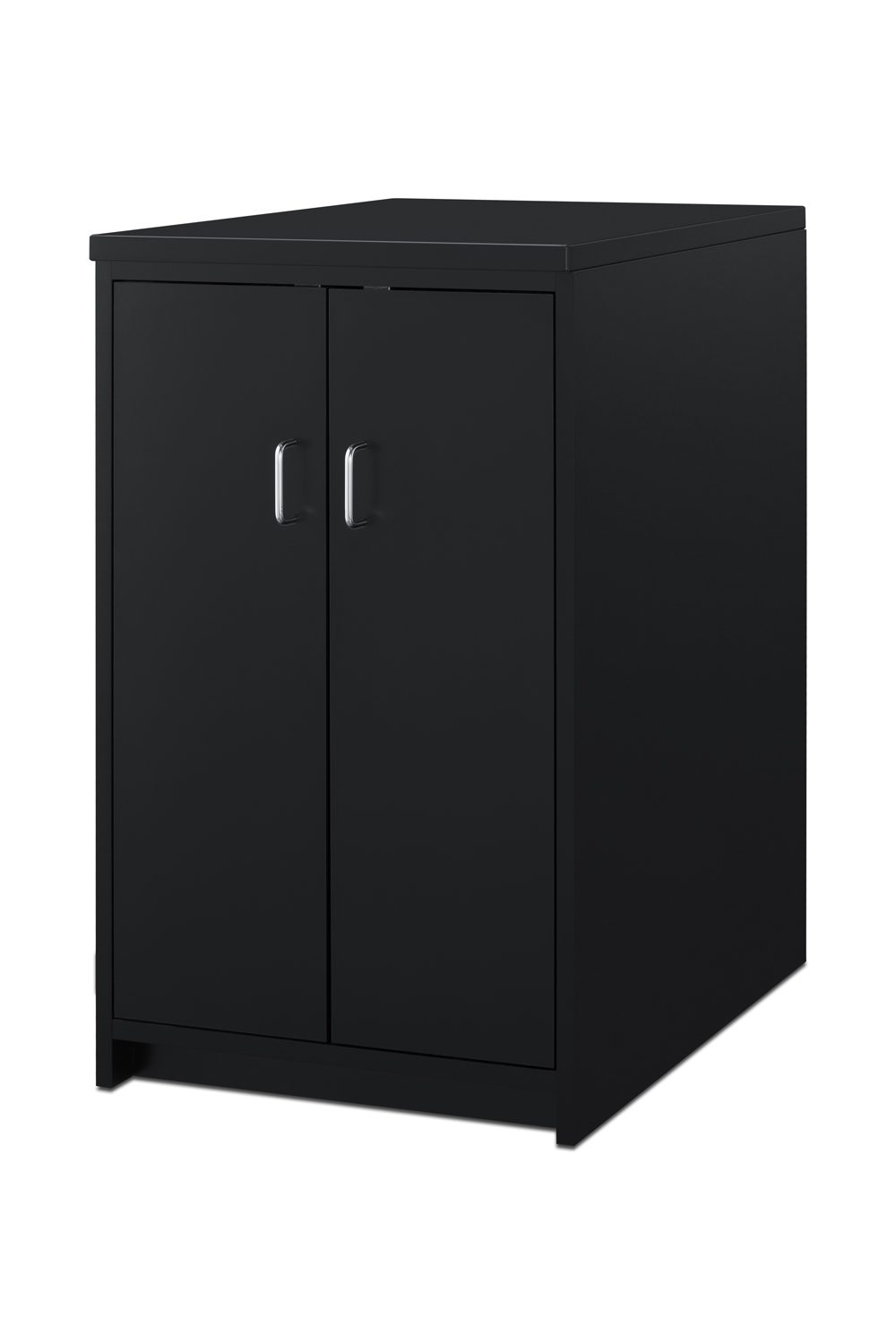 Fully assembled casework cabinet with French doors and adjustable shelf in ADA compliant height and black finish